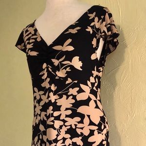BCBG size large black w/ tan flowers, midi dress